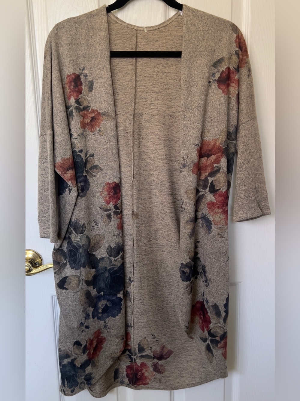 Floral Open-Front Women's Sweater Cardigan - Taupe with Red & Navy Flowers